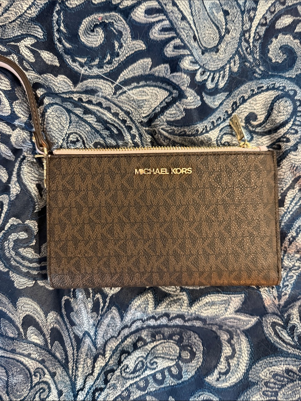 Michael Kors Brown Monogram Zip Wristlet with Gold Logo